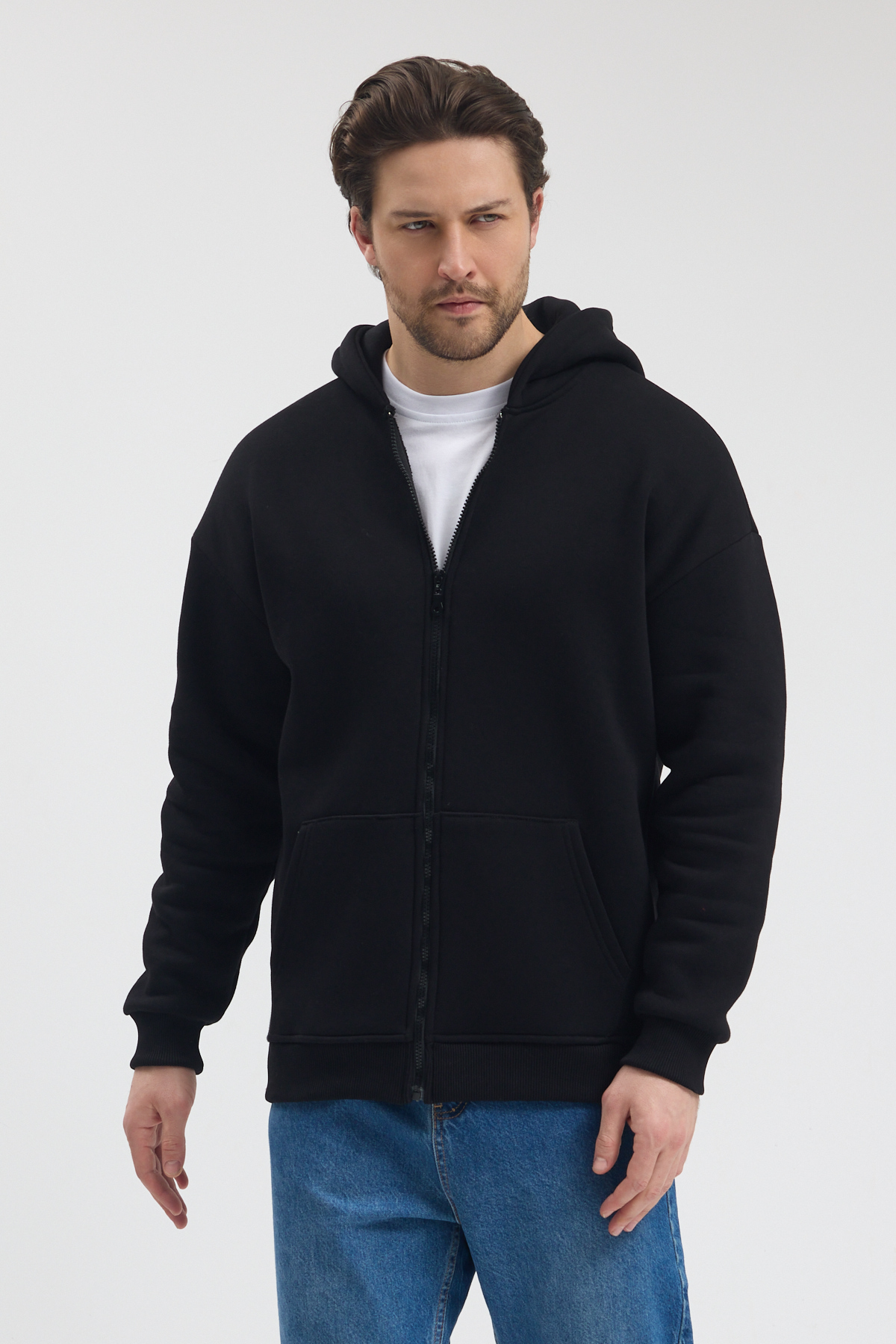 Siyah Tam Fermuarlı Kapşonlu Sweatshirt - Görsel 4