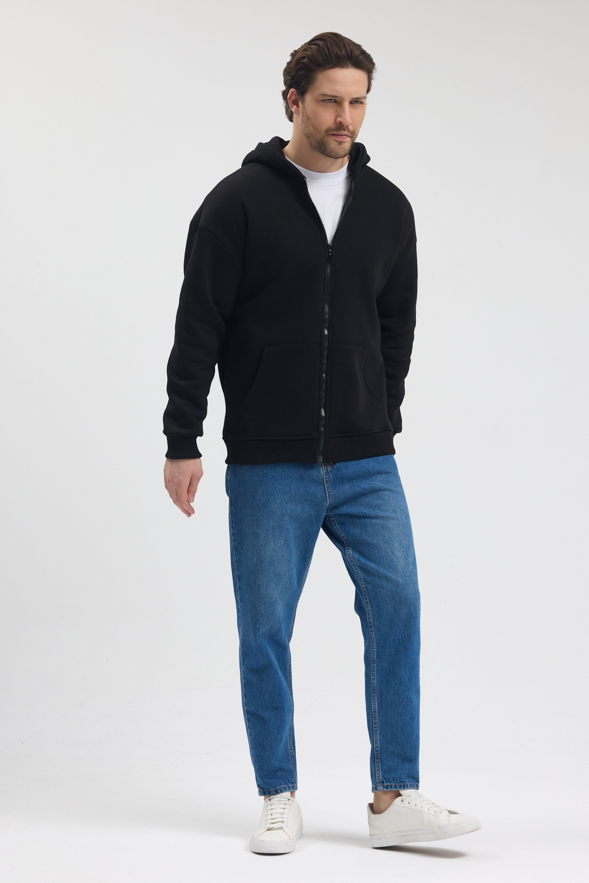 Siyah Tam Fermuarlı Kapşonlu Sweatshirt - Görsel 9