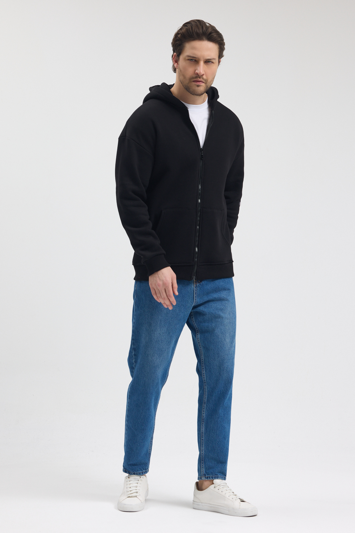 Siyah Tam Fermuarlı Kapşonlu Sweatshirt - Görsel 10